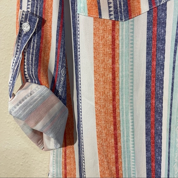Striped Tribal Aztec Multicolor Button Shirt Blouse - Picture 5 of 8